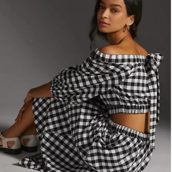 Anthropologie Maeve Black White Gingham Skirt Set Crop Top Midi Maxi Size Small - Picture 2 of 7